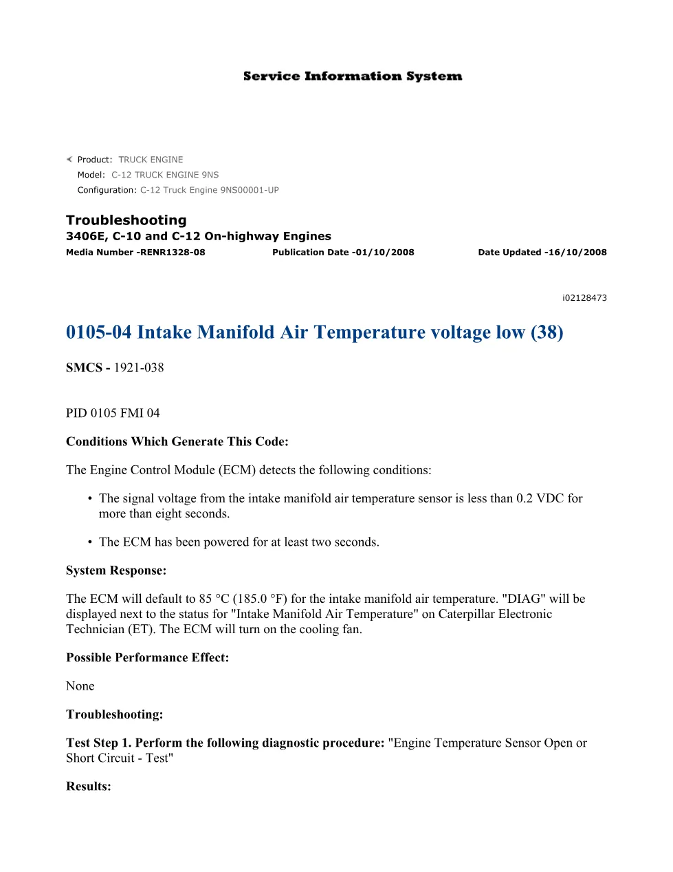 3406E C12 troubleshooting DTCs — DTC 0105-04 Intake Manifold Air - preview page 1 of 2
