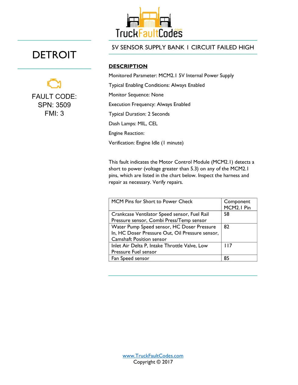 5V sensor supply high — SPN 3509 FMI 3 — Detroit DD Series (EPA - preview page 1 of 2