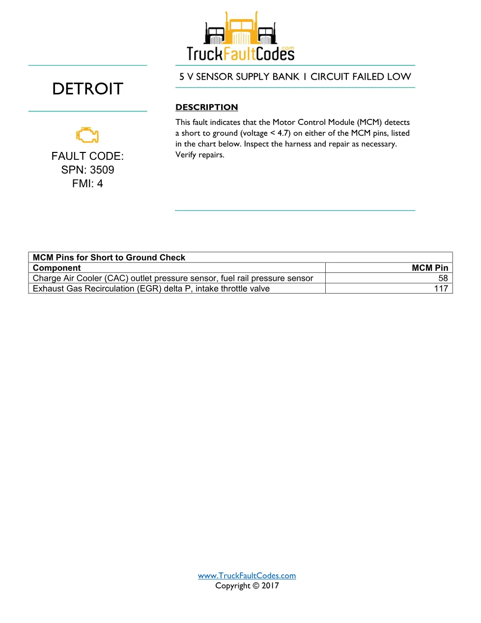 5V sensor supply low — SPN 3509 FMI 4 — Detroit DD Series (EPA - page 1 is available after signing in