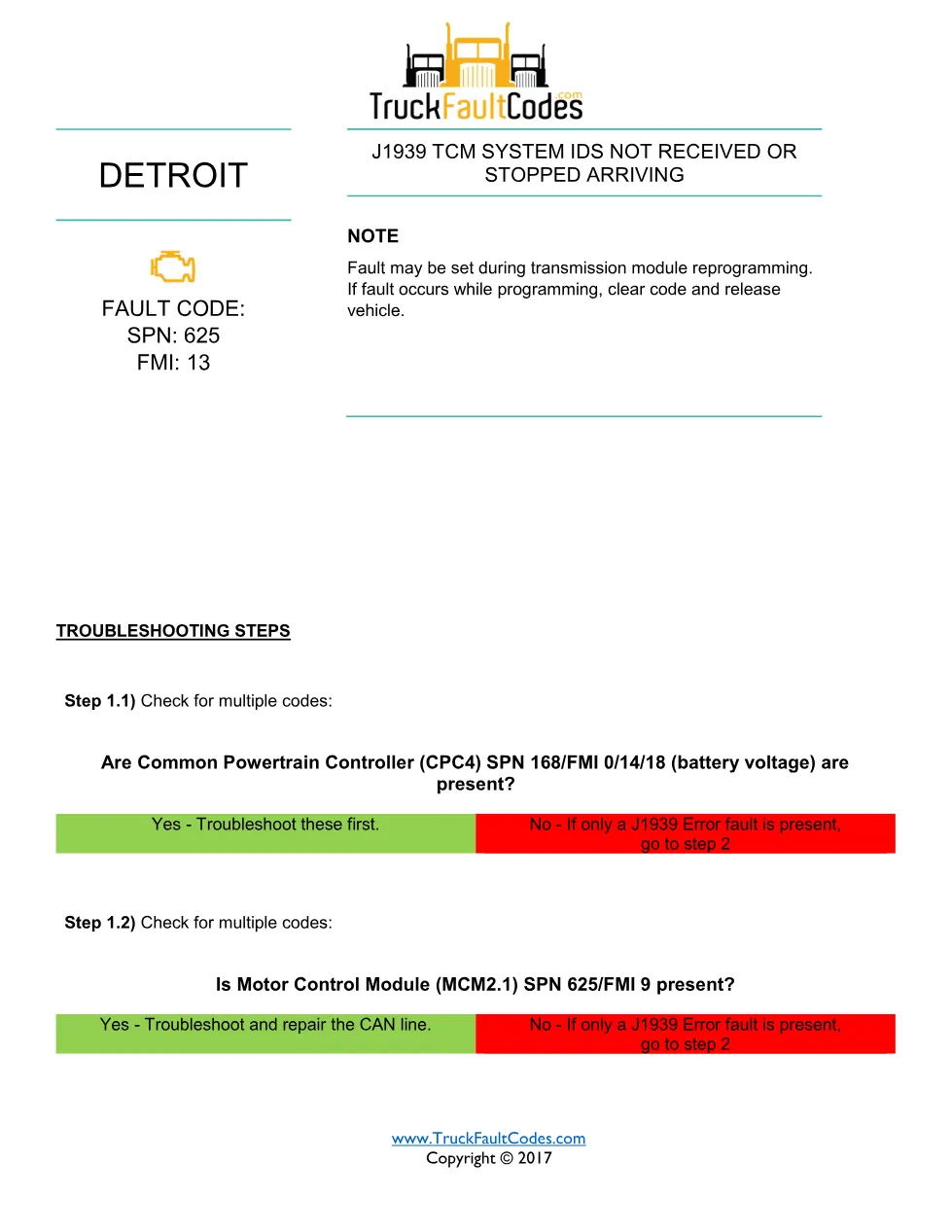 625 FMI 13 GHG14 – Detroit DD Series J1939 TCM System IDs Not - preview page 1 of 2