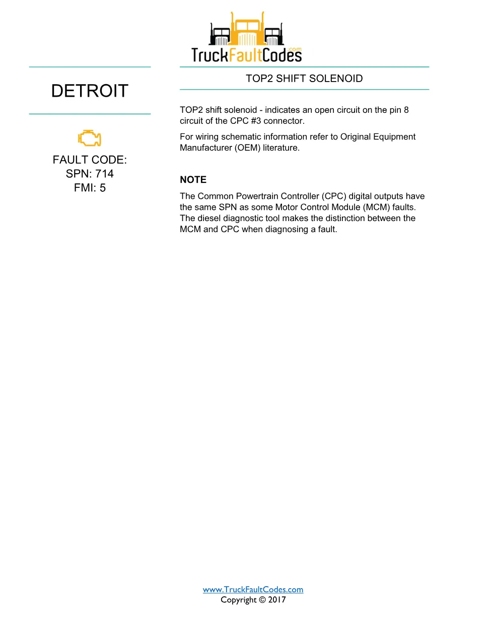 714 FMI 5 DTCs — Detroit DD Series (EPA 2007) DTC fault sheet - page 1 is available after signing in
