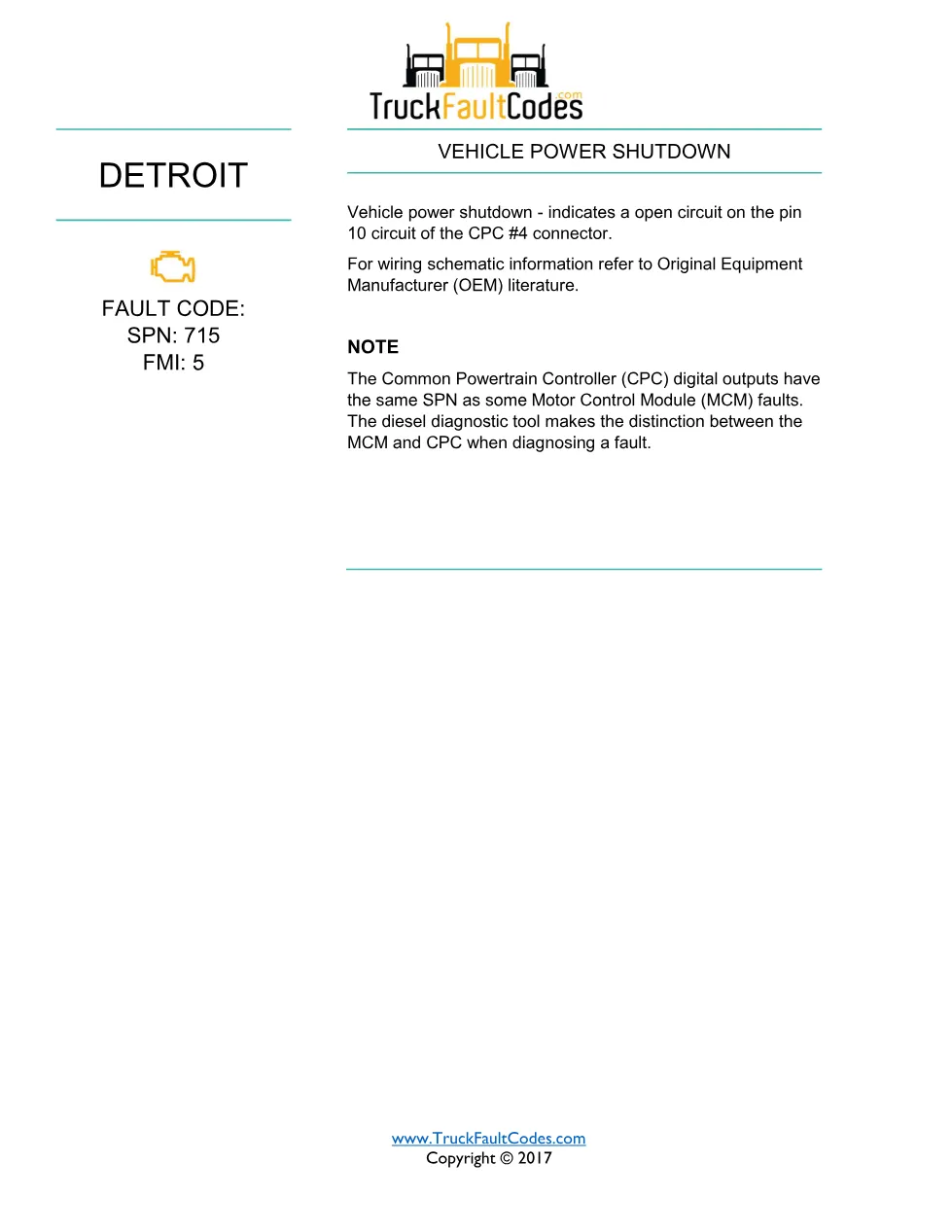 715 FMI 5 DTCs — Detroit DD Series (EPA 2007) DTC fault sheet - page 1 is available after signing in