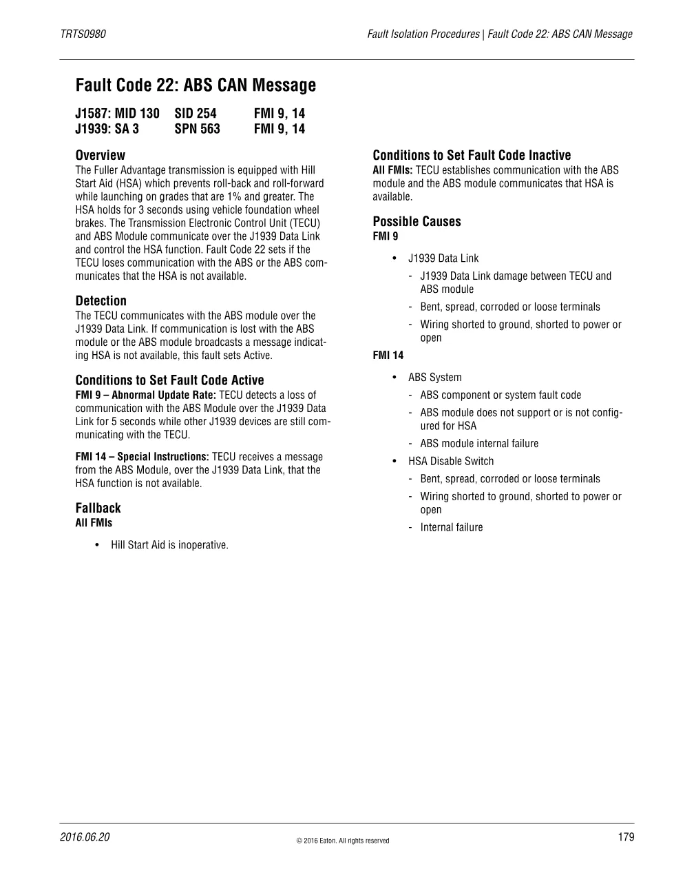 ABS CAN Message — Eaton Fault Code 22 Hill Start Aid, TRTS0980 - preview page 1 of 2
