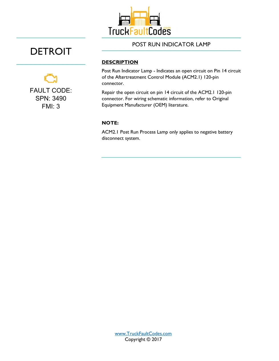 ACM2.1 Post Run Lamp — SPN 3490 FMI 3 — Detroit DD Series (EPA - page 1 is available after signing in