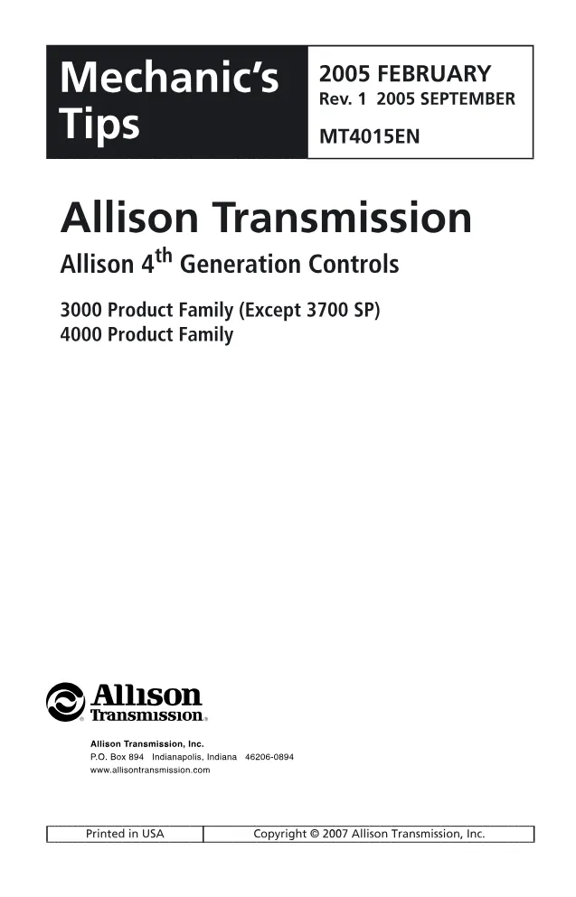 Allison 3000 4000 Tips — Mechanic’s Tips MT4015EN — PDF, 78 Pages - preview page 2 of 3