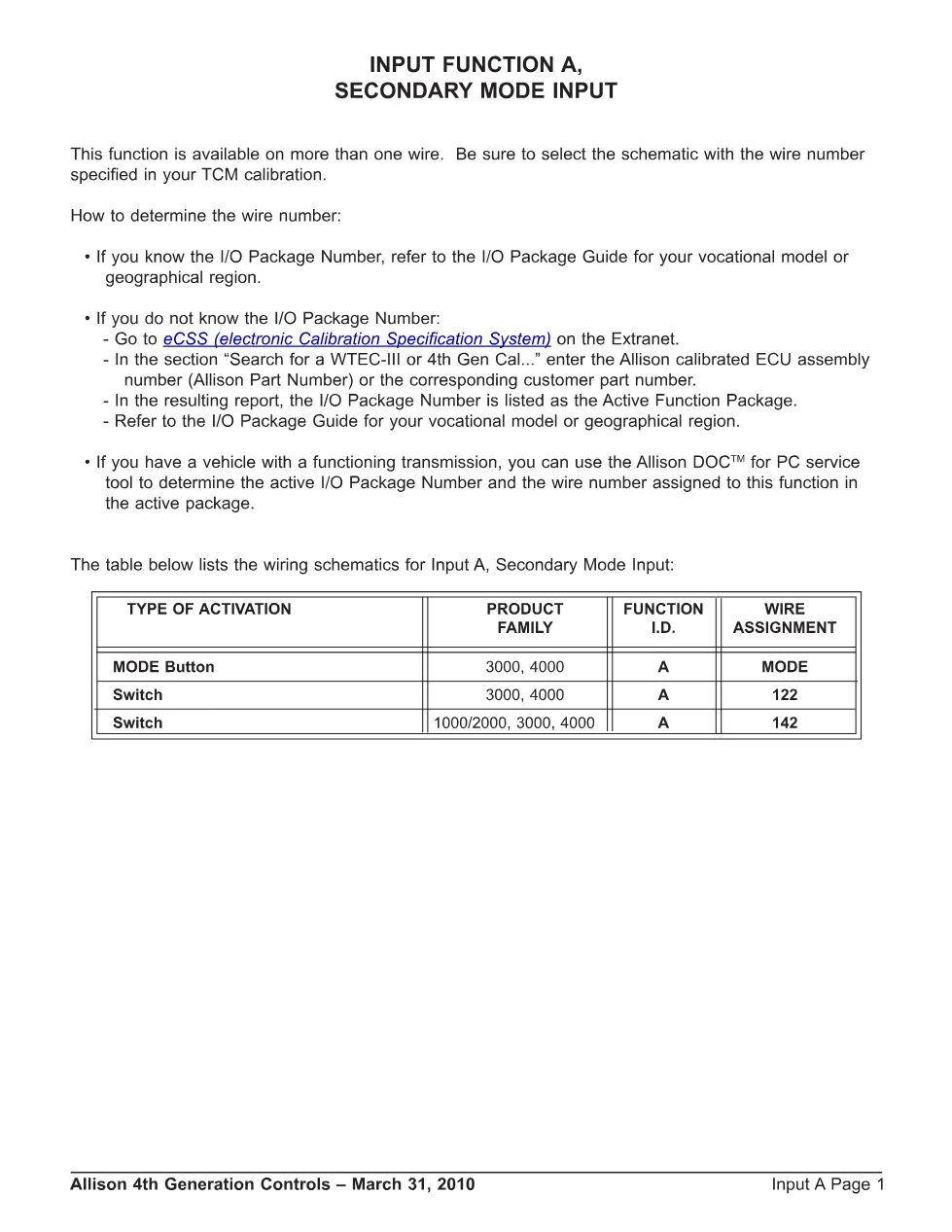 Allison 4th Generation IO — Input Output Configurations Reference - preview page 1 of 3