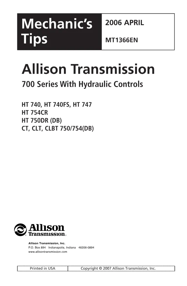 Allison 700 Series Hydraulic Controls — Mechanic’s Tips MT1366EN - preview page 2 of 3