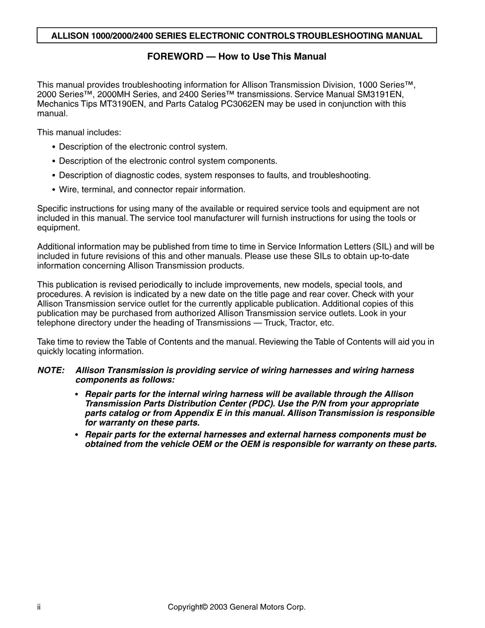 Allison electronic controls troubleshooting manual — TS3192EN - page 3 is available after signing in