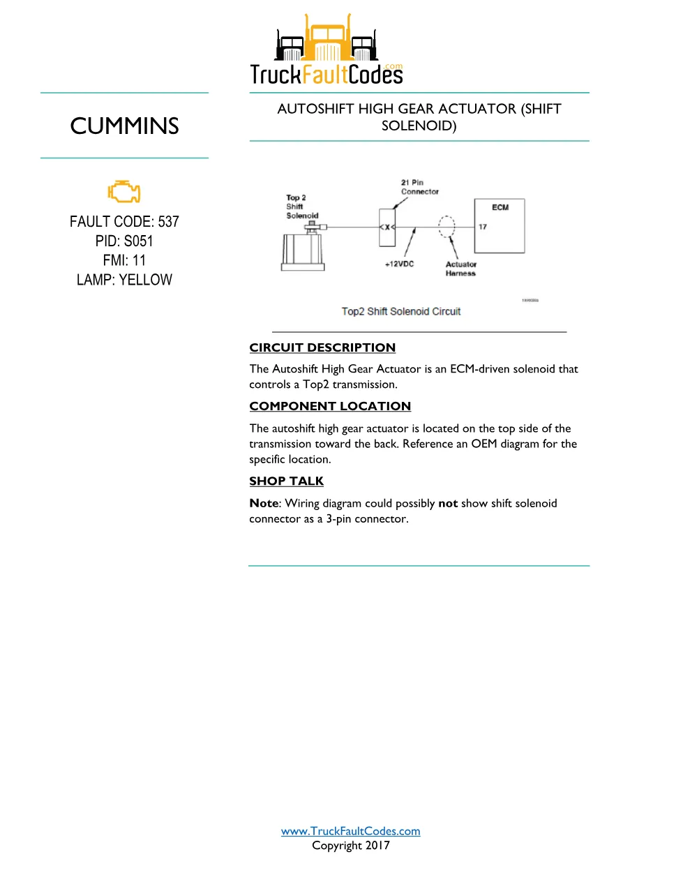 Autoshift high gear actuator — Cummins Fault Code 537 (S051, FMI - preview page 1 of 6