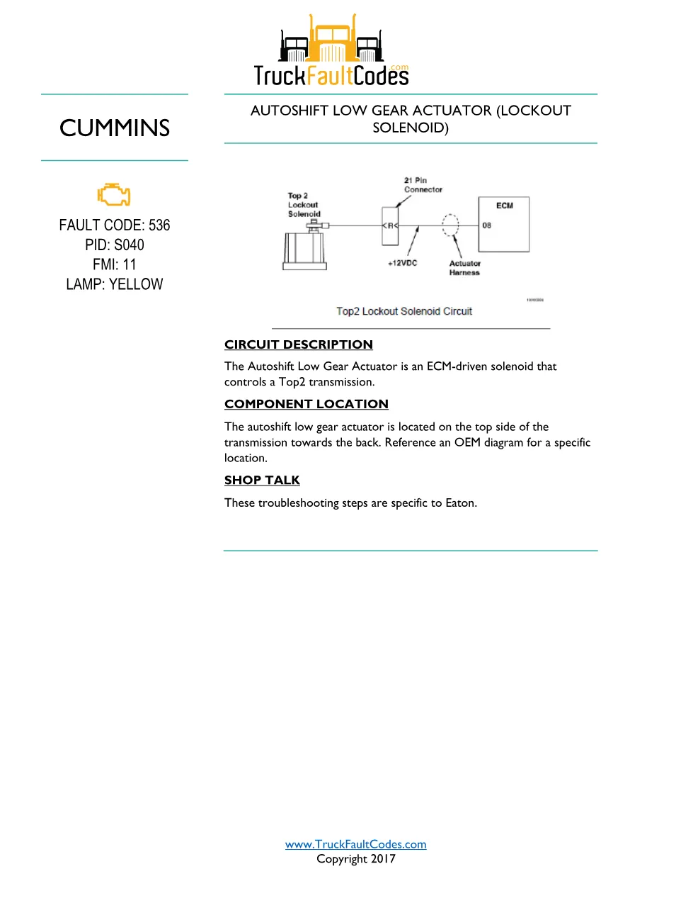 Autoshift low gear actuator — Cummins Fault Code 536 (S040, FMI - preview page 1 of 6
