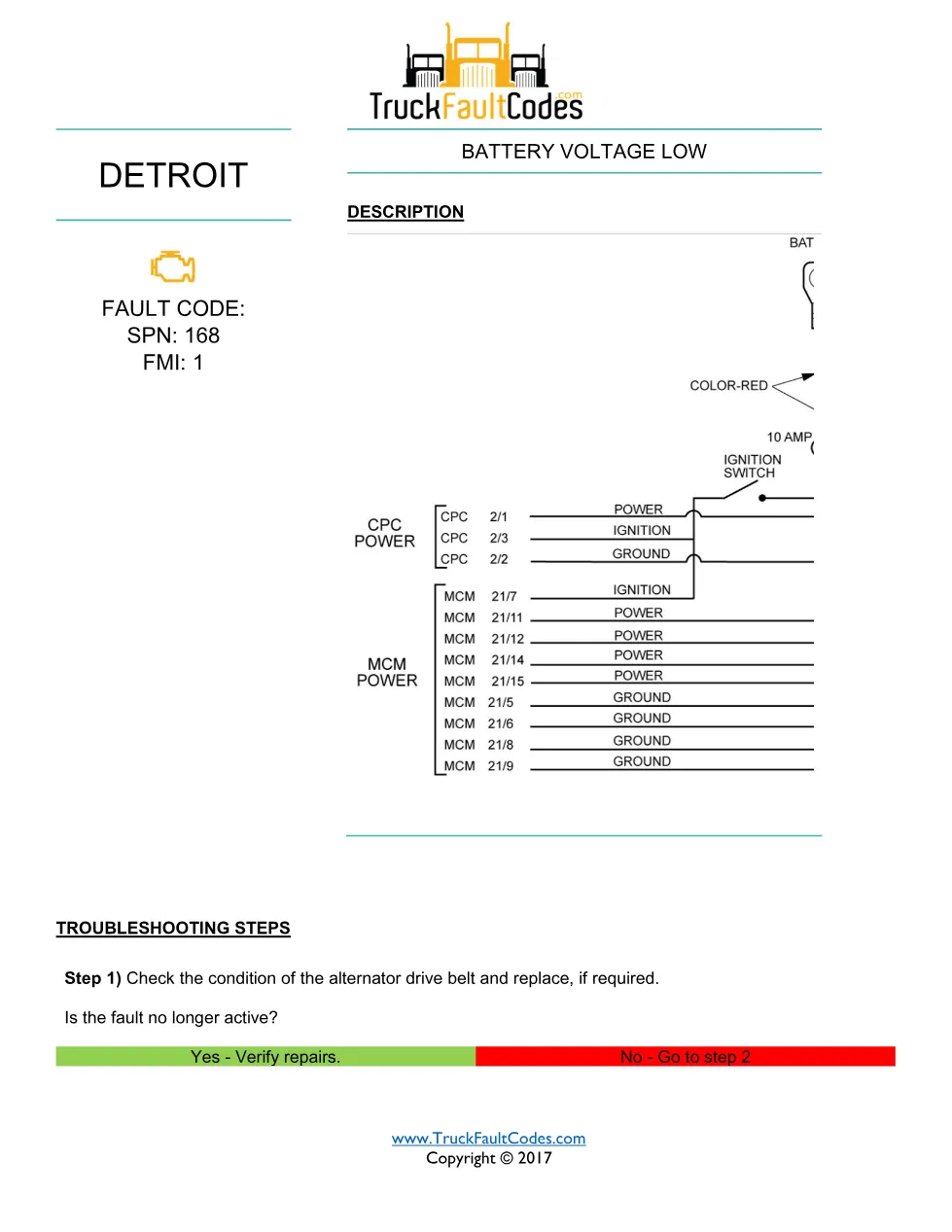 battery voltage low fault — Battery Voltage Low — Detroit DD - preview page 1 of 3