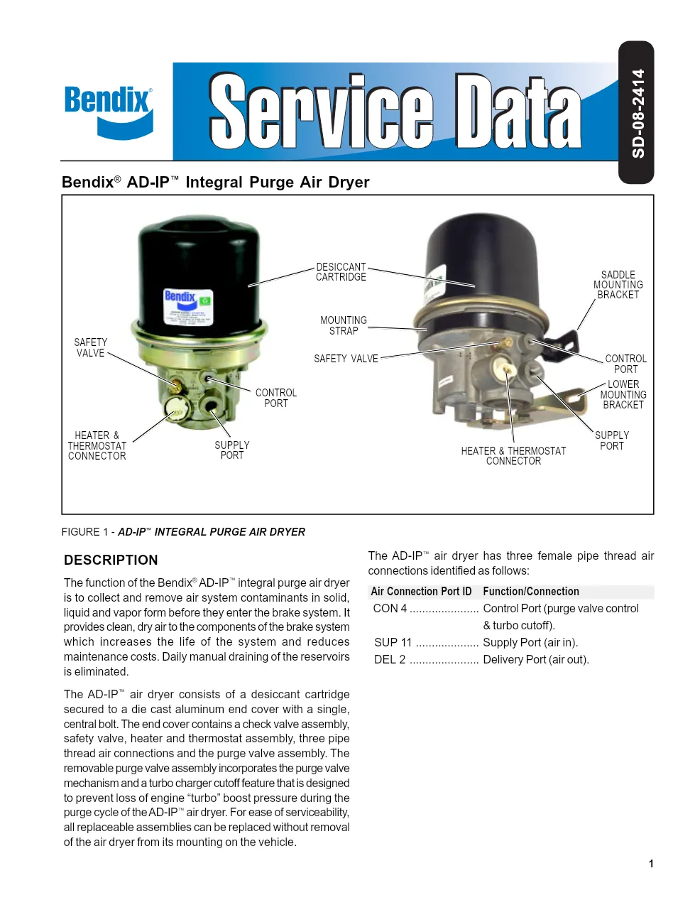 Bendix AD-IP Air Dryer Service Data — SD-08-2414 — PDF, 28 Pages - preview page 1 of 3