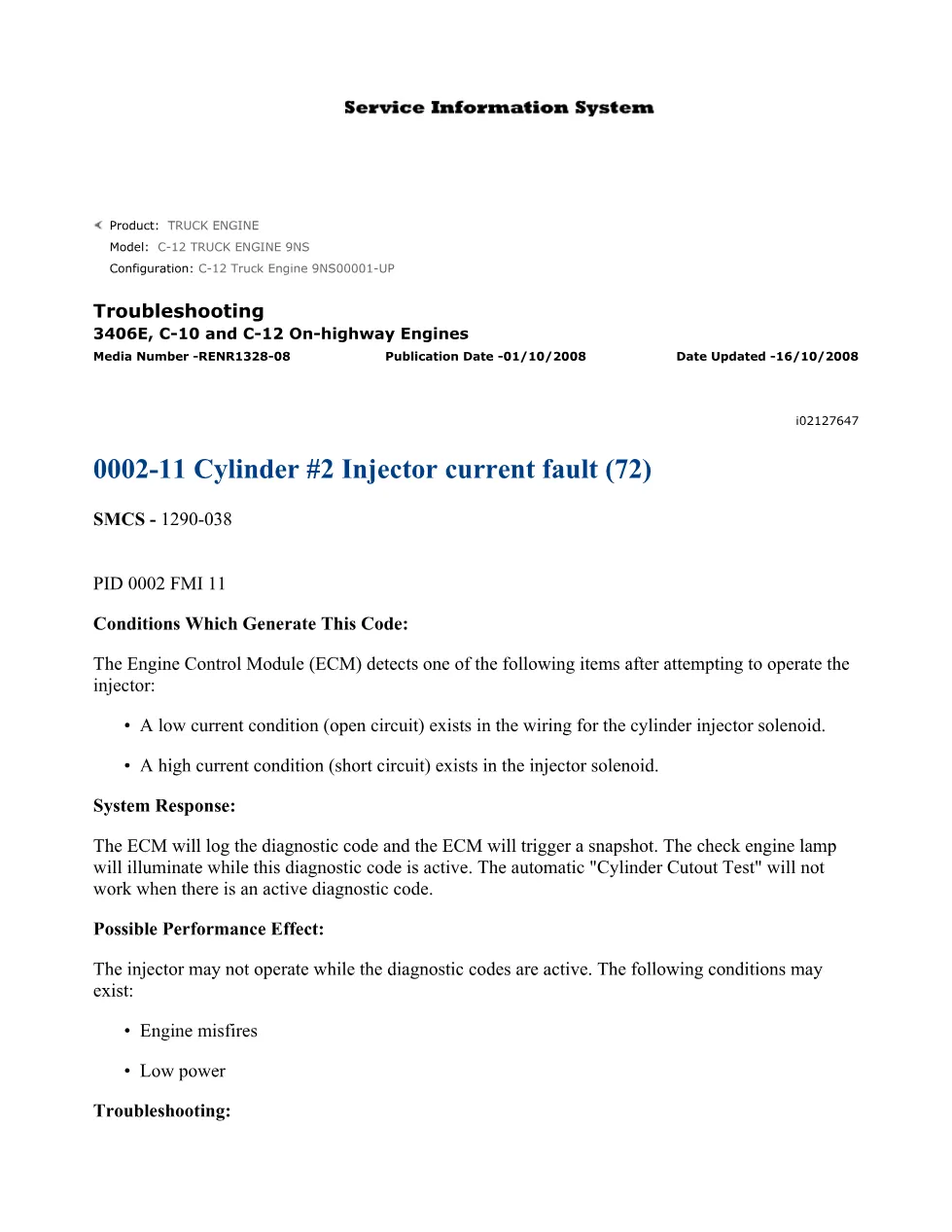 C-12 injector fault DTCs — Troubleshooting Guide 0002-11 Cylinder - preview page 1 of 2