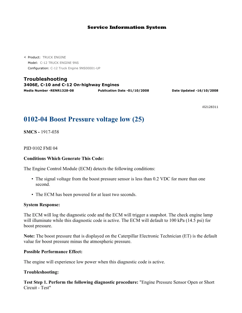 C12 boost pressure DTCs — Troubleshooting Guide RENR1328-08 — PDF, - preview page 1 of 2