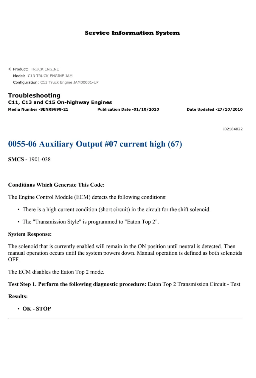 C13 auxiliary output DTCs DTC — Diagnostic Code 0055-06 Current - page 1 is available after signing in
