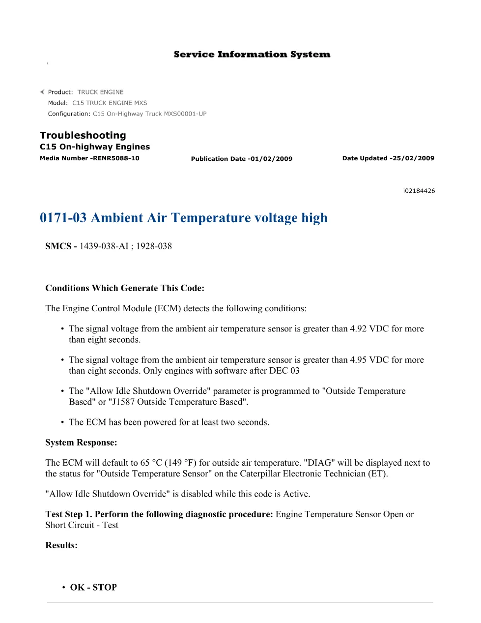 C15 ambient temperature DTCs Troubleshooting — RENR5088-10 — PDF, - preview page 1 of 3