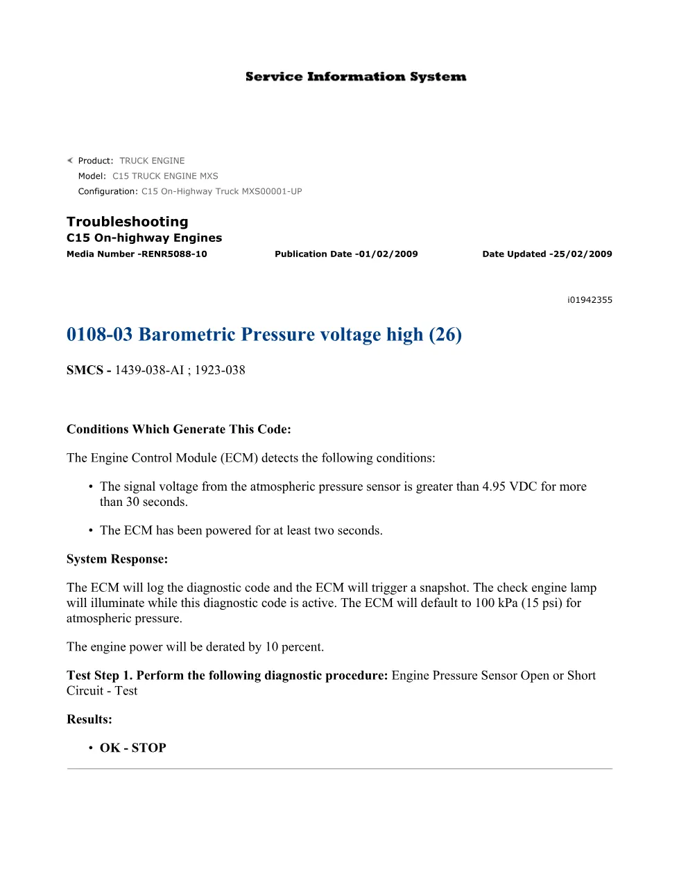 C15 barometric pressure DTCs Troubleshooting — Engine Pressure - preview page 1 of 3