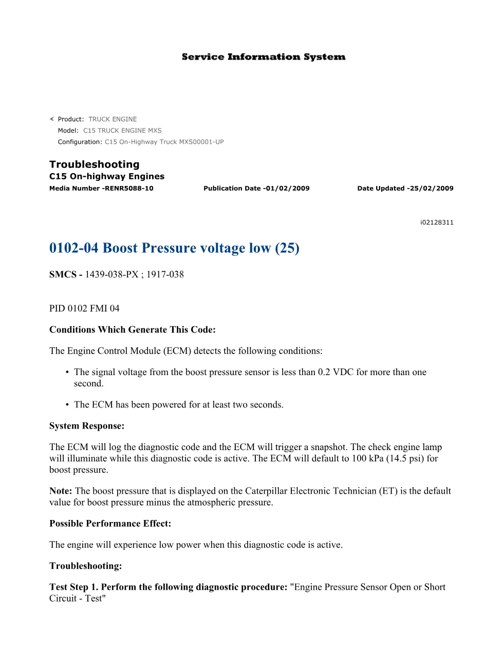 C15 boost pressure DTCs Troubleshooting — Engine Pressure Sensor - preview page 1 of 3