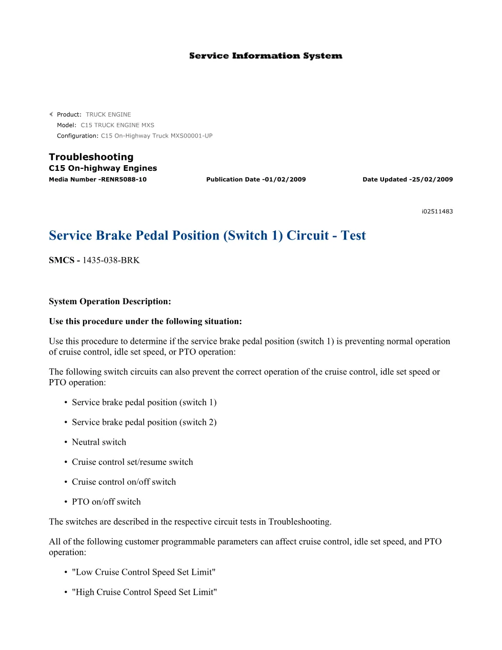 C15 brake switch DTCs Troubleshooting — Service Manual RENR5088-10 - preview page 2 of 3