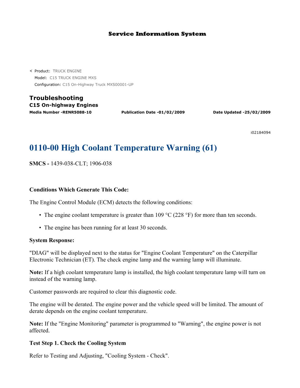C15 coolant temperature DTCs — Troubleshooting Guide RENR5088-10 - preview page 1 of 2