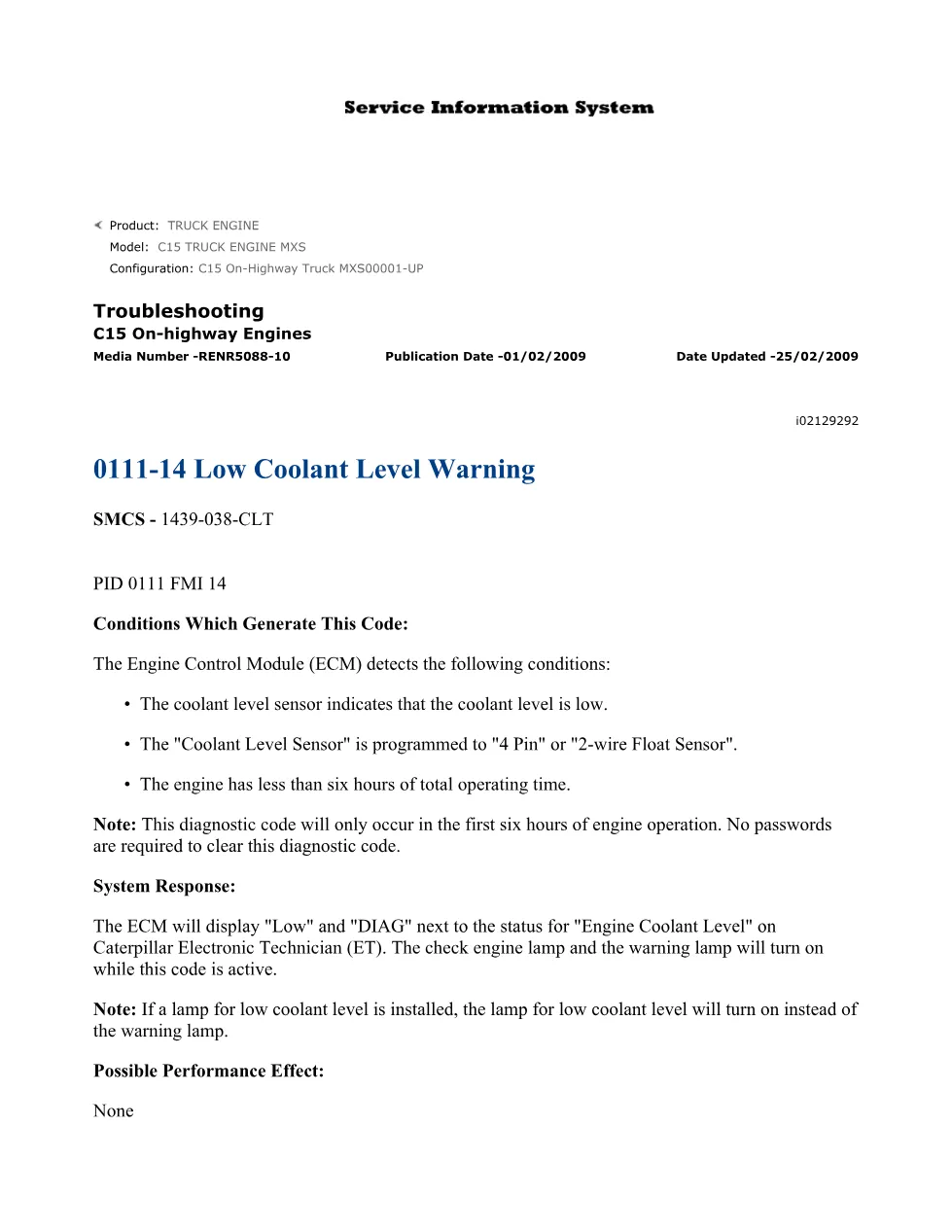 C15 coolant warning DTCs — Troubleshooting Guide RENR5088-10 - preview page 1 of 3