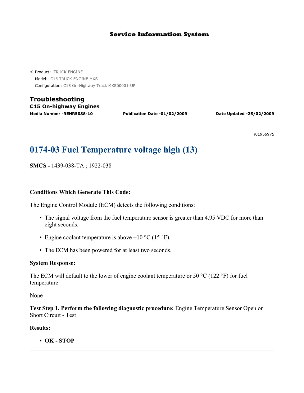 C15 fuel temperature DTCs — Troubleshooting Guide RENR5088-10 - preview page 1 of 3
