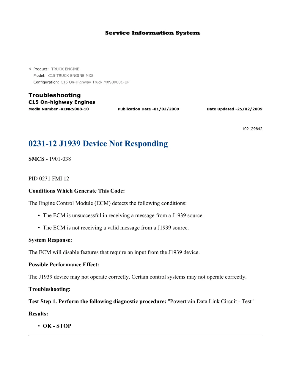 C15 J1939 troubleshooting DTCs — DTC 0231-12 Device Not Responding - preview page 1 of 3