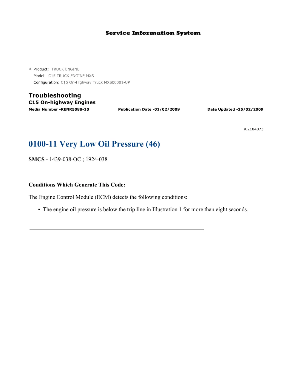 C15 oil pressure DTCs Troubleshooting — DTC 0100-11 Very Low Oil - preview page 1 of 3