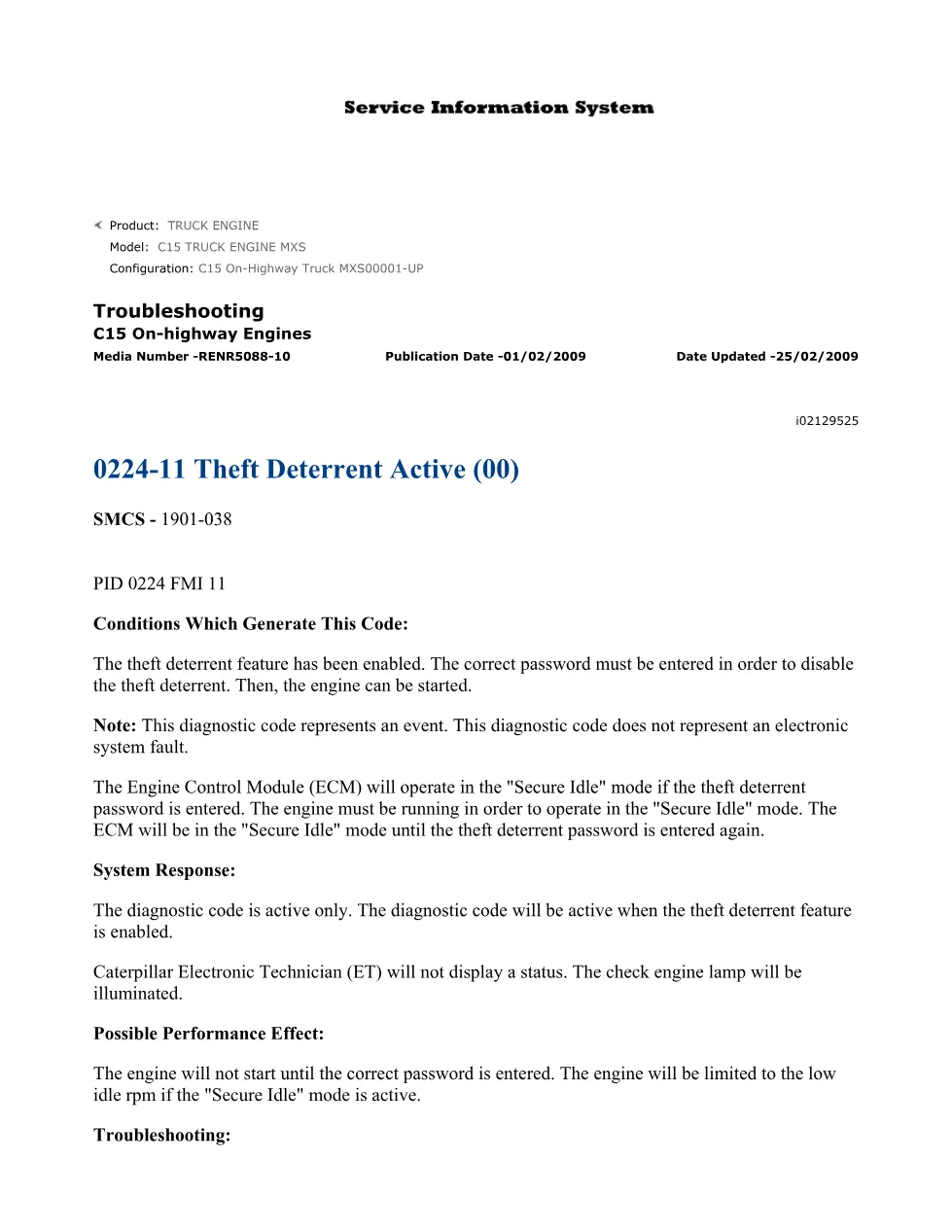 C15 theft deterrent DTCs Troubleshooting Guide — Publication - preview page 1 of 2