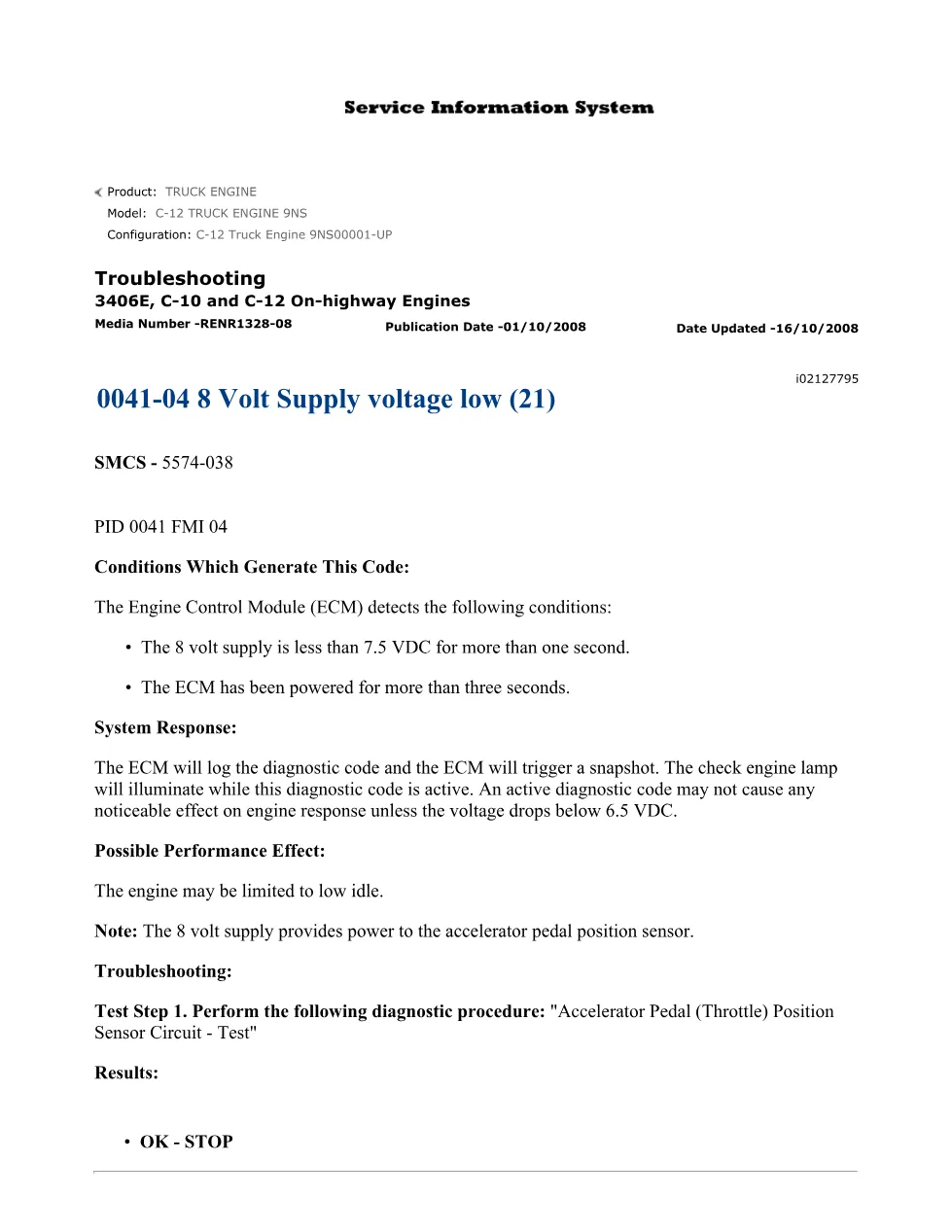 CAT 0041-04 Troubleshooting Guide — 8 Volt Supply Voltage Low - page 1 is available after signing in