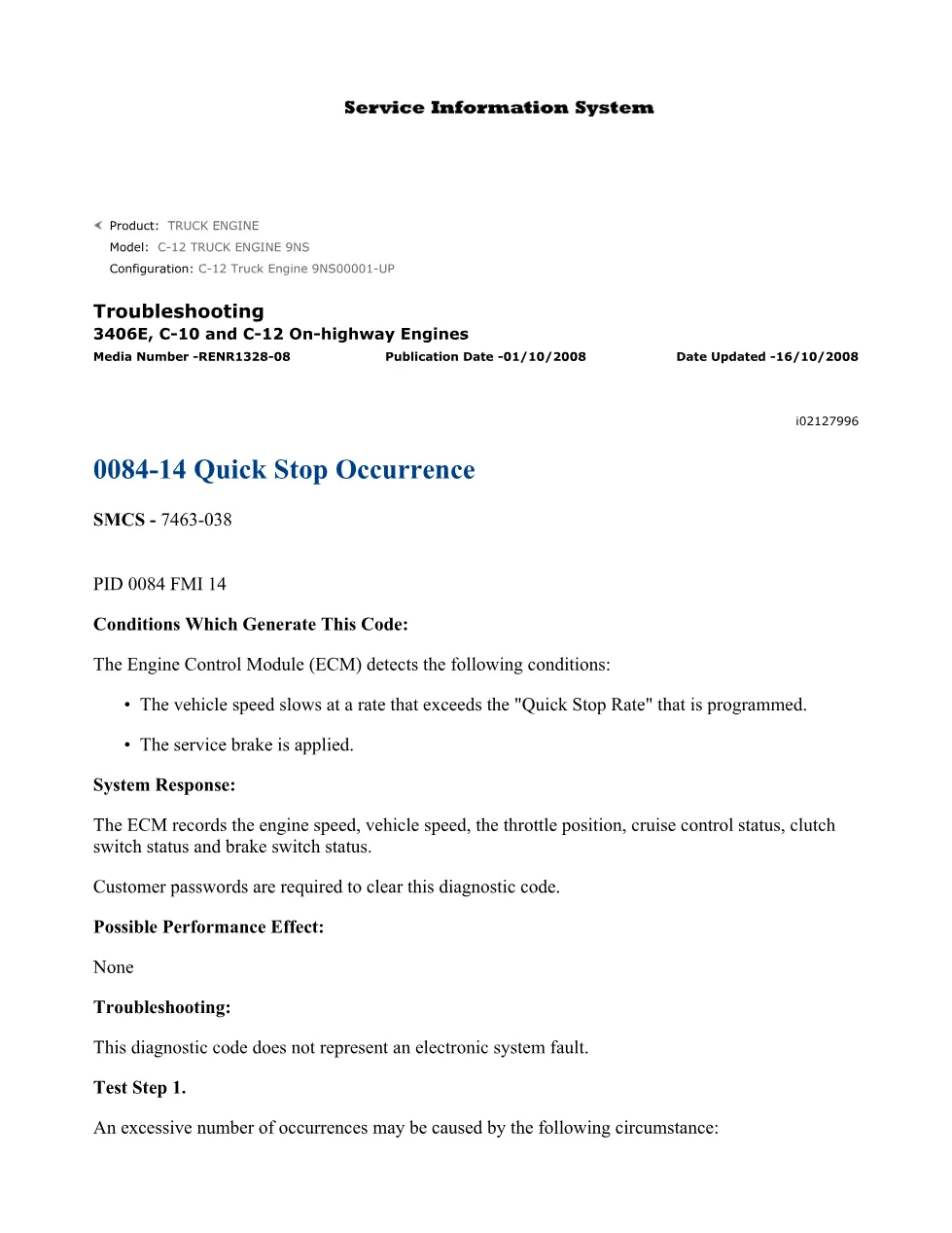 CAT 0084-14 Quick Stop Troubleshooting Guide — RENR1328-08 — PDF, - preview page 1 of 2