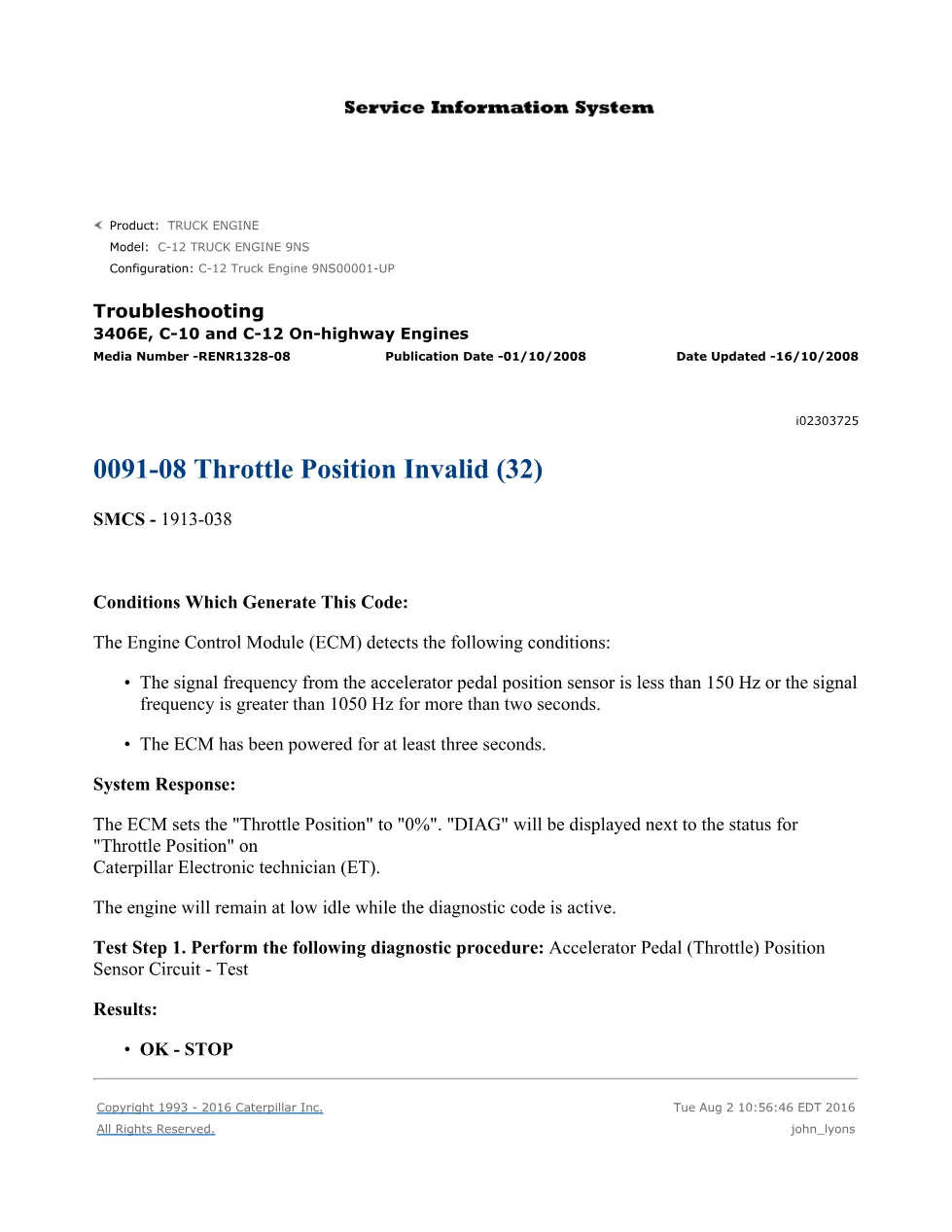 CAT 0091-08 Throttle Position Troubleshooting Guide — RENR1328-08 - page 1 is available after signing in