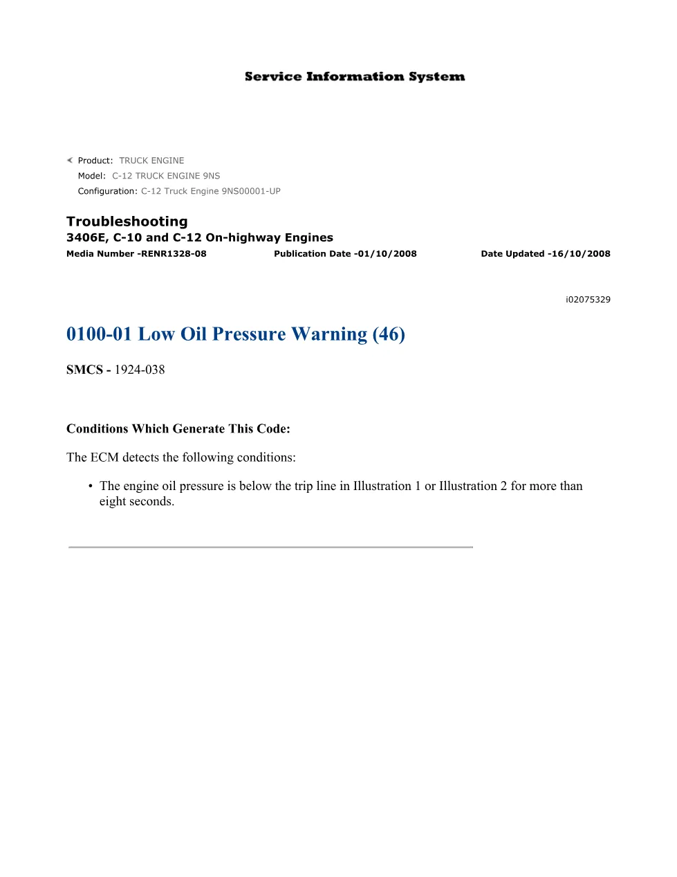 CAT 0100-01 Low Oil Pressure Troubleshooting Guide — RENR1328-08 - preview page 1 of 3