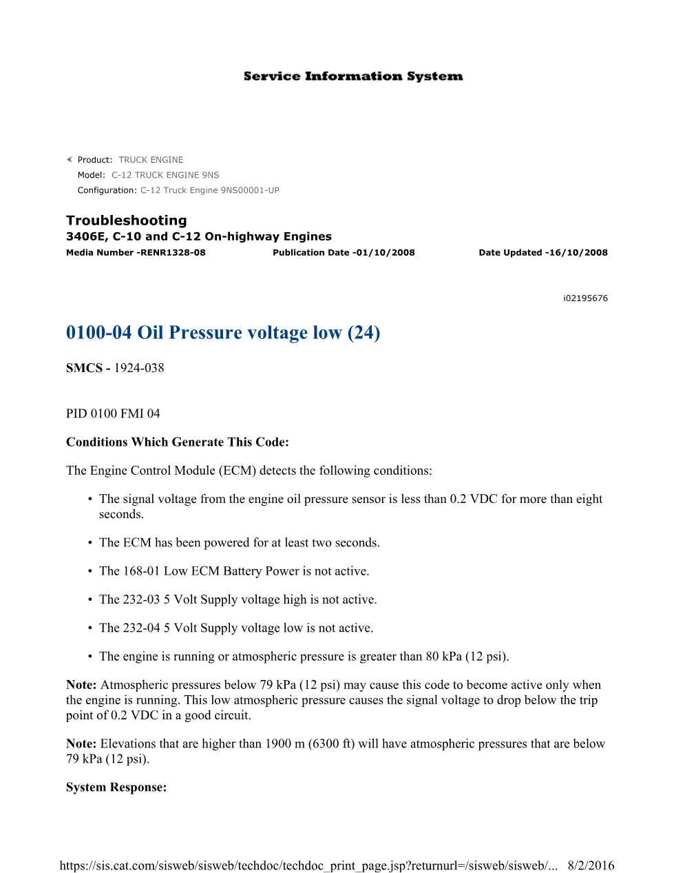 CAT 0100-04 Oil Pressure Troubleshooting Guide — RENR1328-08 - preview page 1 of 2
