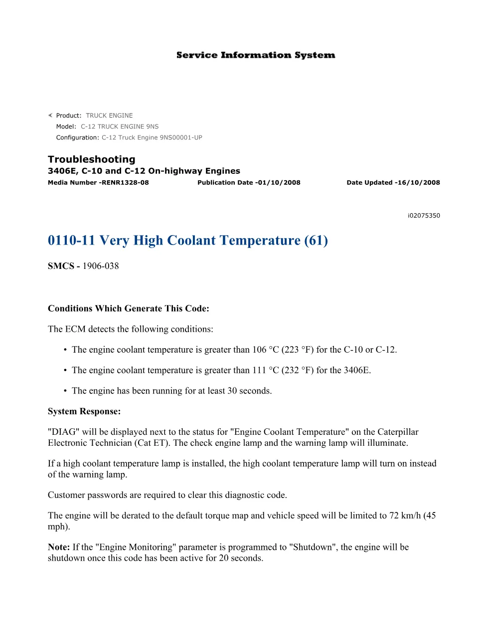CAT 0110-11 Coolant Temperature Troubleshooting Guide – Official - preview page 1 of 2