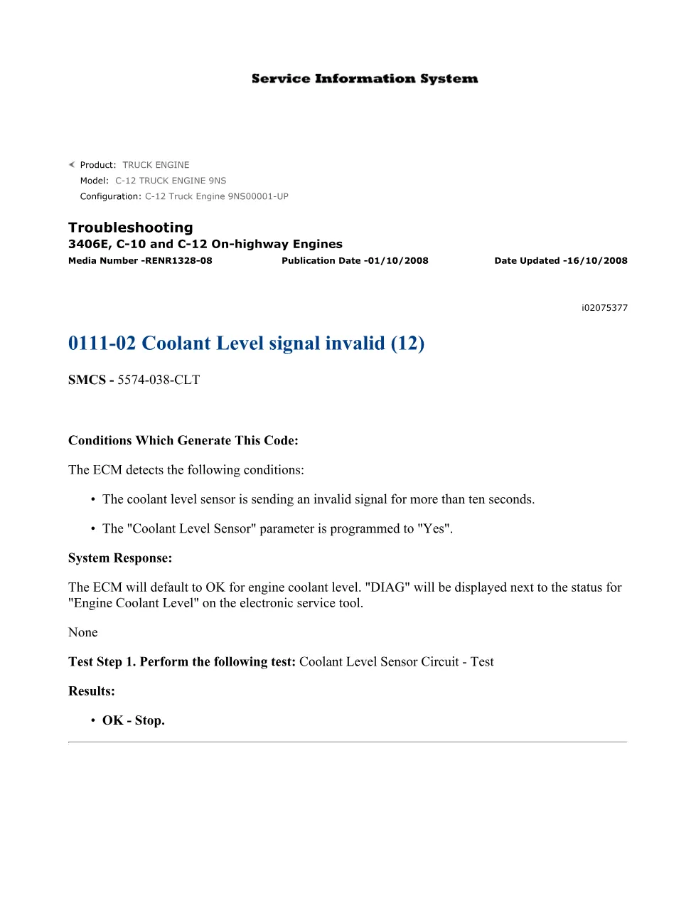 CAT 0111-02 Coolant Level Troubleshooting Guide — RENR1328-08 - page 1 is available after signing in