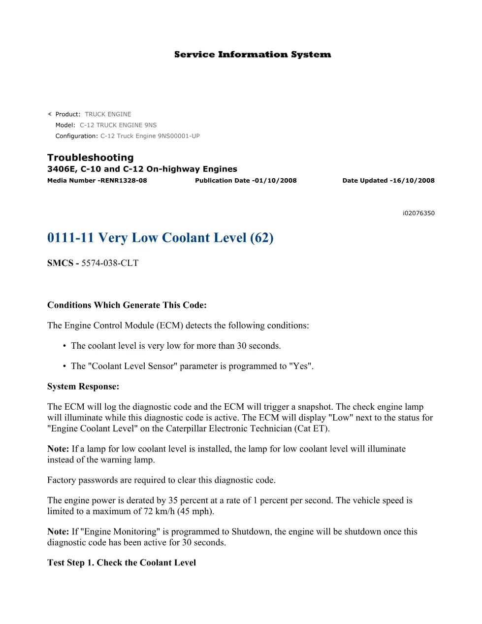 CAT 0111-11 Coolant Level Troubleshooting Guide — RENR1328-08 - preview page 1 of 2