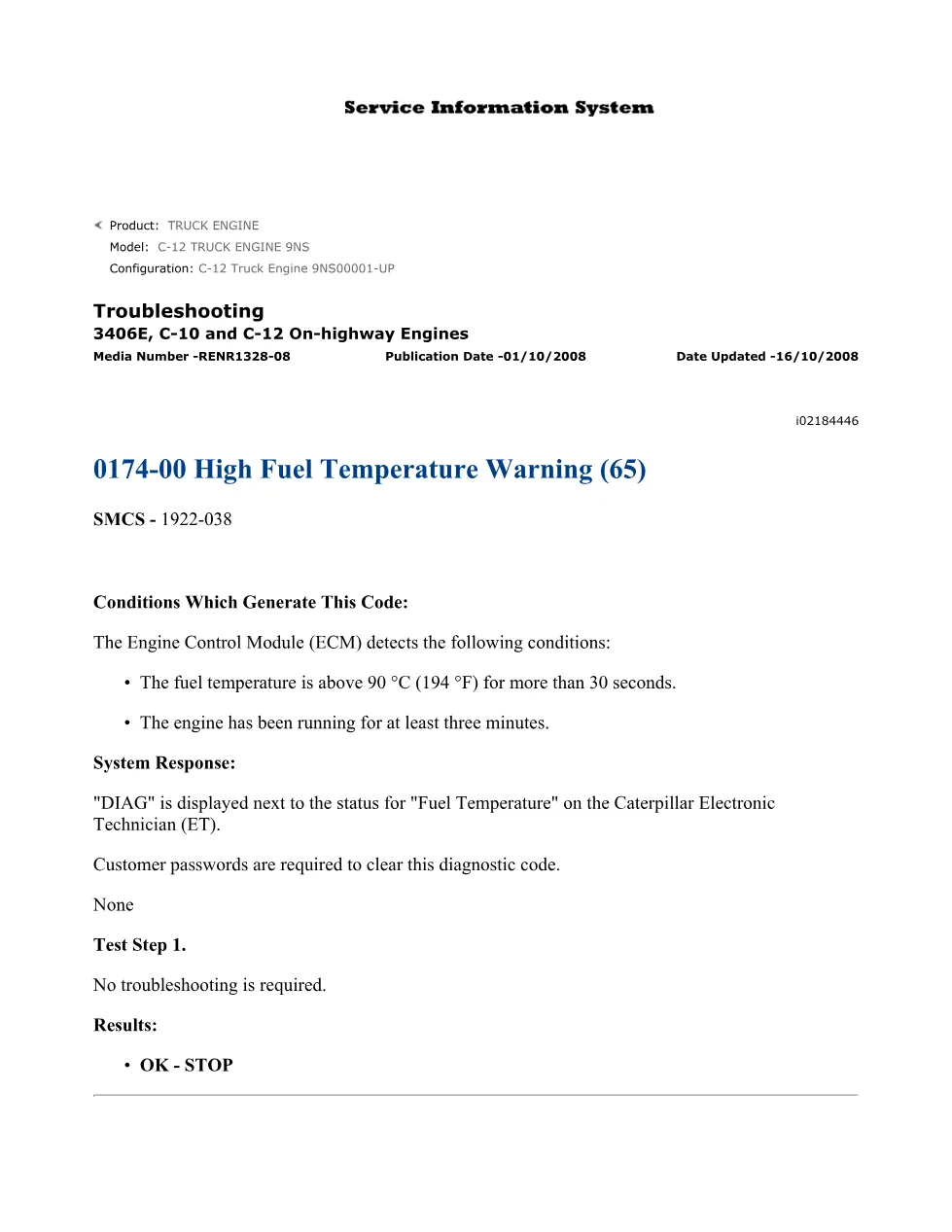 CAT 0174-00 Fuel Temperature Warning — Troubleshooting Guide - page 1 is available after signing in