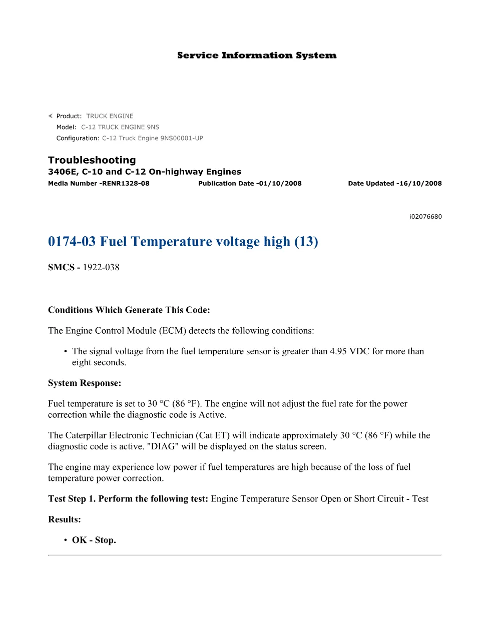CAT 0174-03 Fuel Temperature Troubleshooting Guide — RENR1328-08 - page 1 is available after signing in