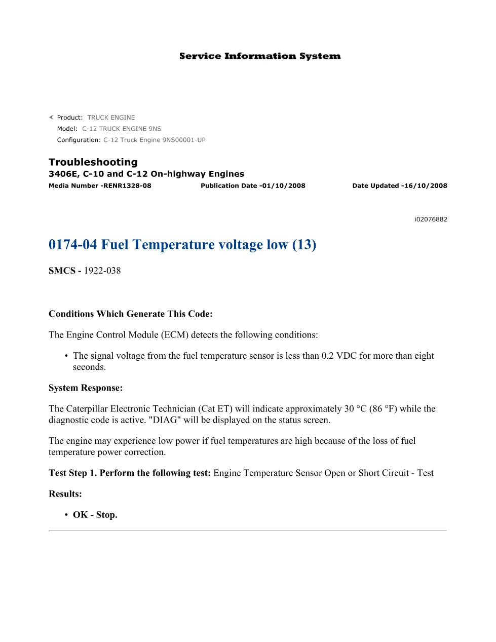CAT 0174-04 Fuel Temperature Troubleshooting Guide — Publication - page 1 is available after signing in