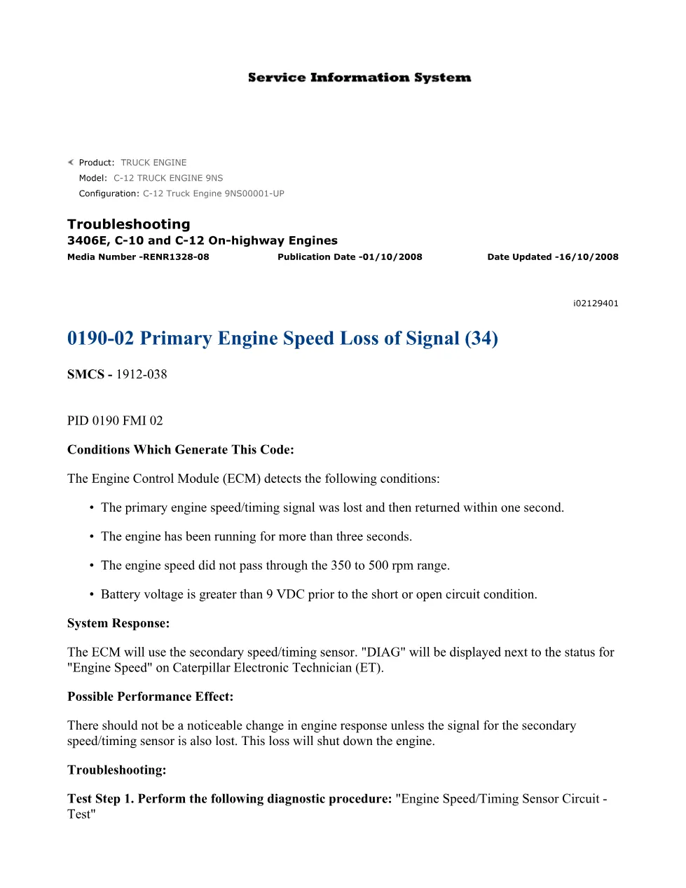 CAT 0190-02 Engine Speed Troubleshooting Guide — RENR1328-08 - preview page 1 of 2