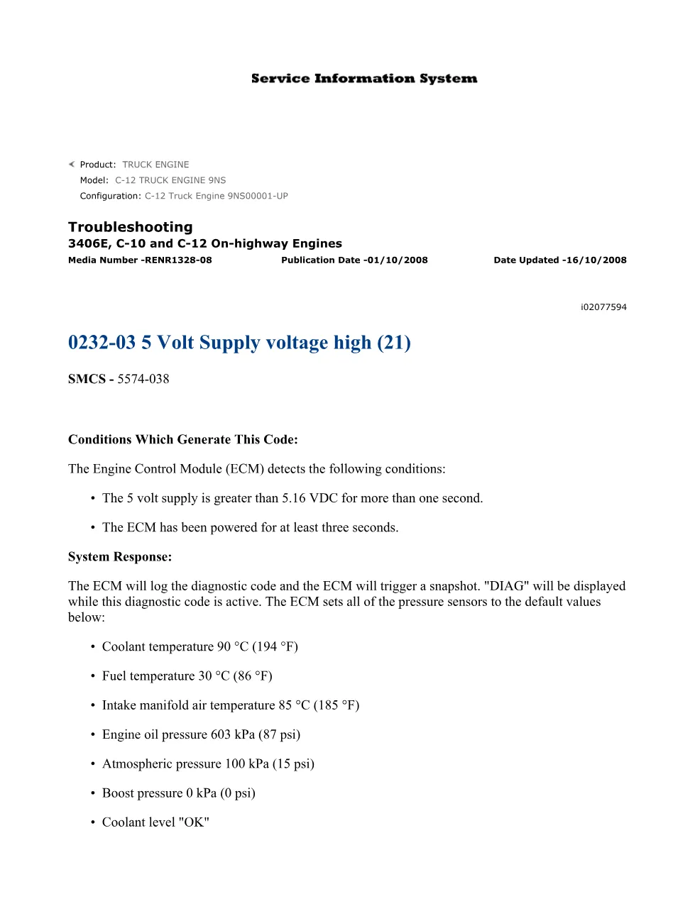 CAT 0232-03 5 Volt Supply Troubleshooting — 3406E C-10 C-12 – PDF - preview page 1 of 2