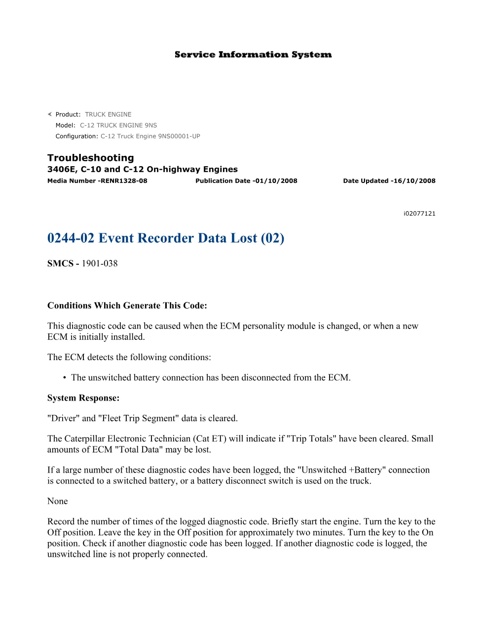 CAT 0244-02 Event Recorder Troubleshooting Guide — RENR1328-08 - preview page 1 of 2