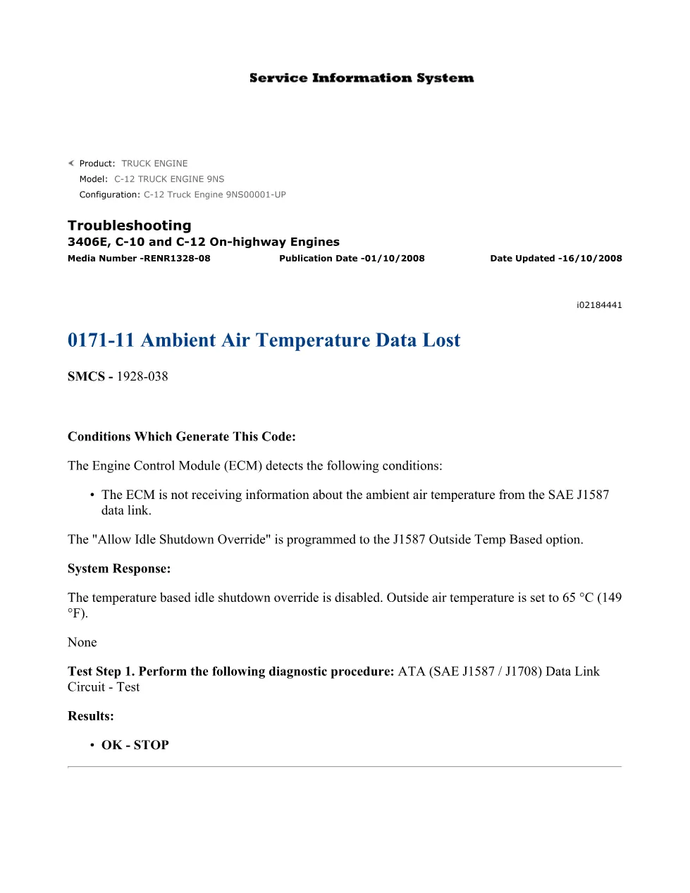 CAT 3406E Ambient Temperature Troubleshooting — DTC 0171-11 Data - page 1 is available after signing in