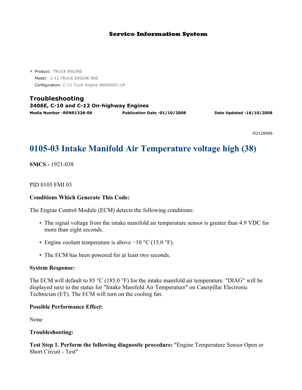 CAT 3406E C12 Troubleshooting — DTC 0105-03 Intake Manifold Air - preview page 1 of 2