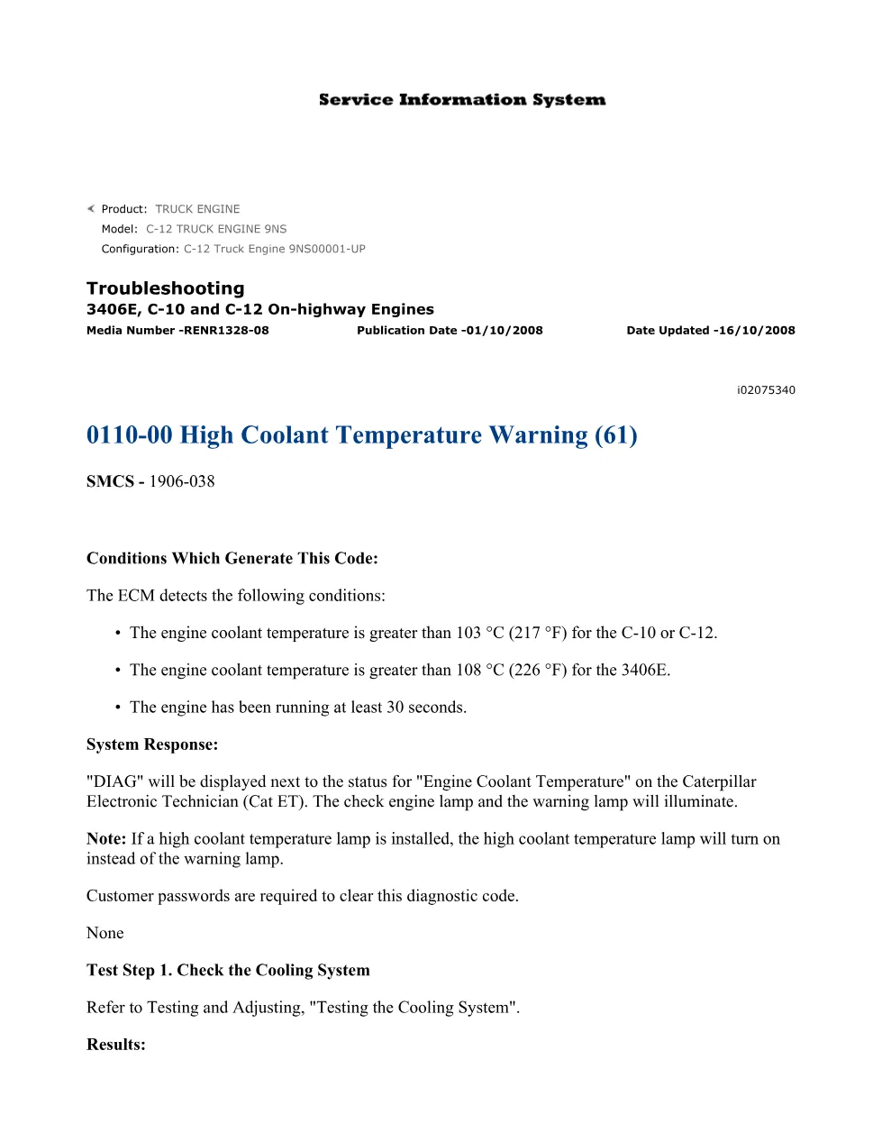 CAT 3406E Coolant Temperature Troubleshooting Guide — RENR1328-08 - preview page 1 of 2