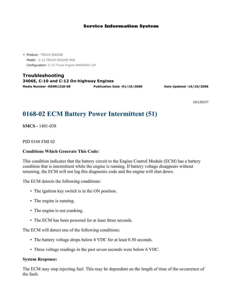 CAT 3406E ECM Battery Troubleshooting — Diagnostic Code 0168-02 - preview page 1 of 2