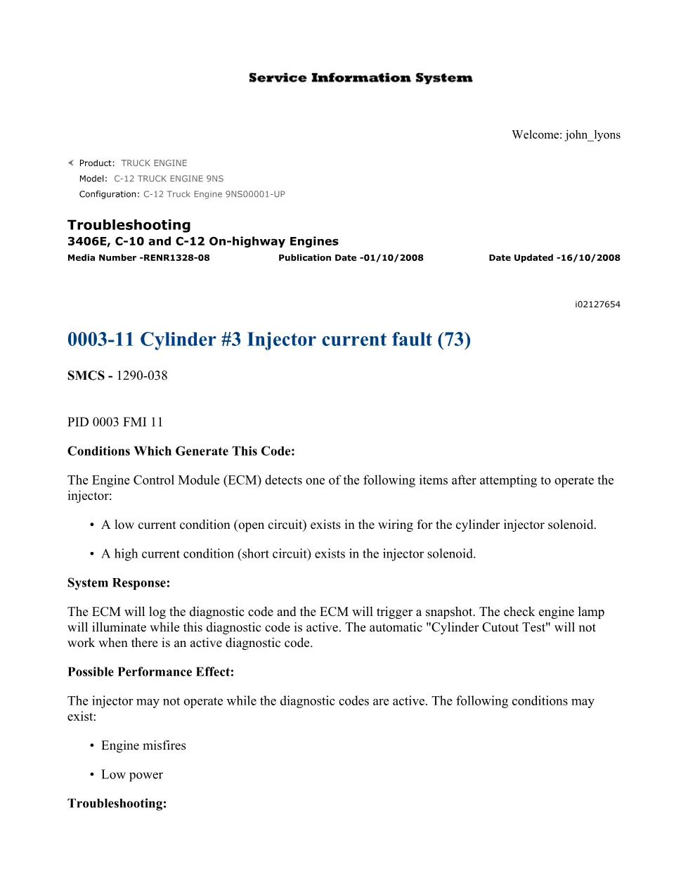 CAT 3406E Injector Fault Troubleshooting Guide — DTC 0003-11 - preview page 1 of 2