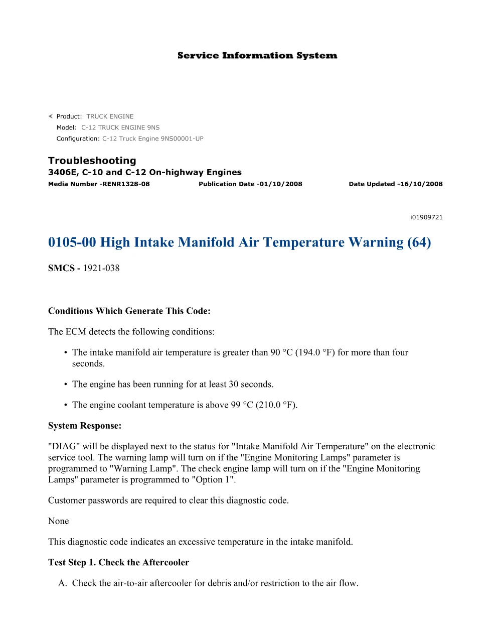 CAT 3406E Intake Temperature — Troubleshooting Guide RENR1328-08 - preview page 1 of 2