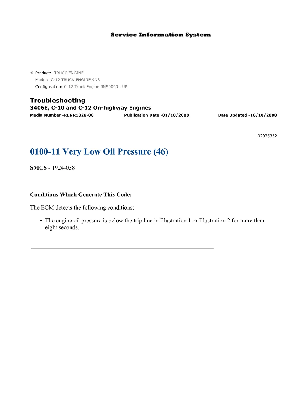 CAT 3406E Oil Pressure — Troubleshooting DTC 0100-11 Very Low Oil - preview page 1 of 3